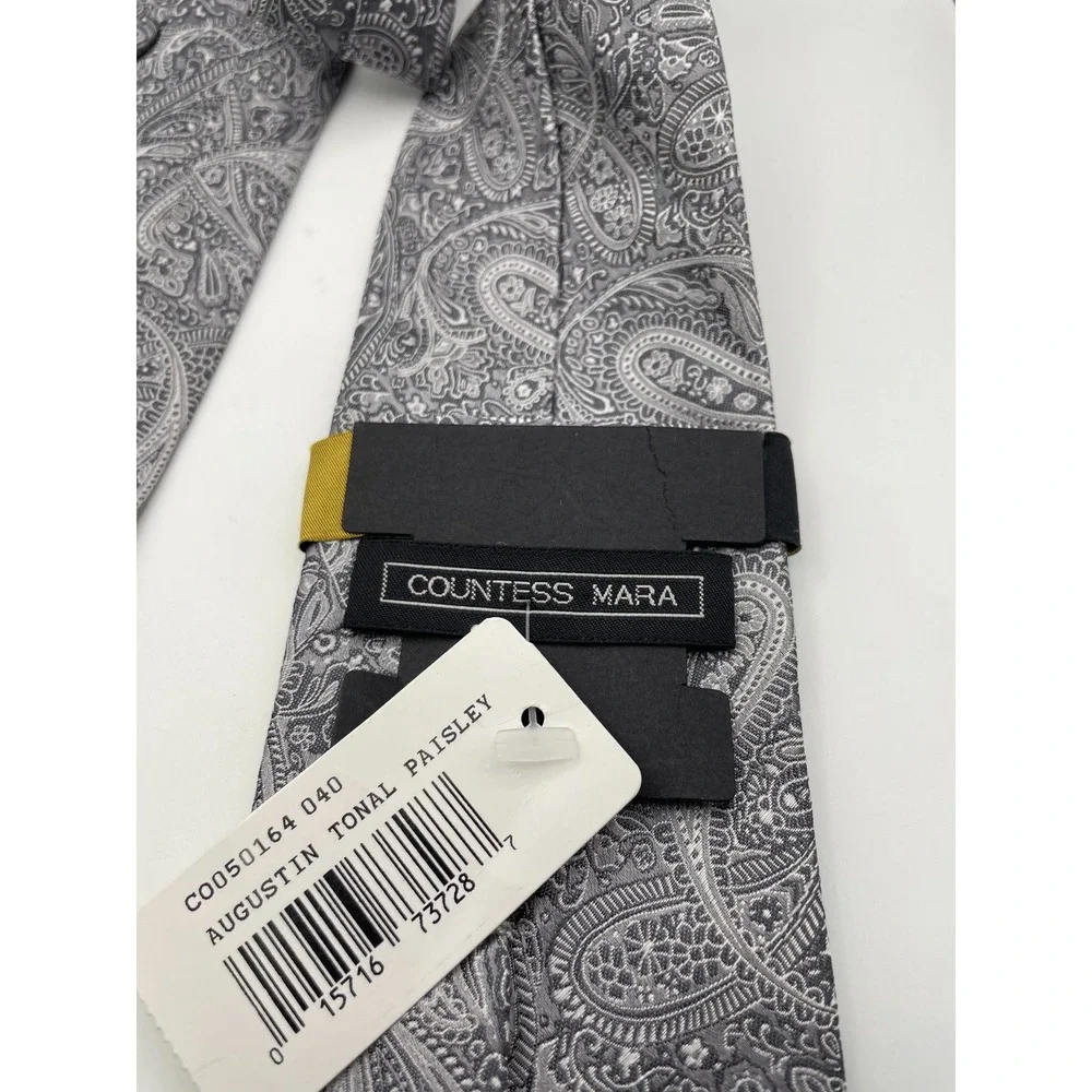 Countess Mara Augustin Tonal Paisley Silk Necktie Silver Grey Hand Made New